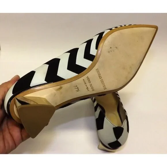 Nicholas Kirkwood Gold Prism Pump Chevron Point Toe Heel Black White Sz 7 ZigZag - Picture 6 of 12